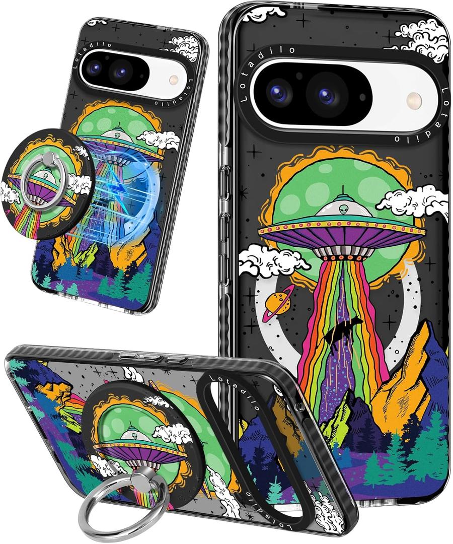 Cute for Google Pixel 9 Pro/9 Case - Compatible with Magsafe Magnetic Ring Holder Stand Kickstand for Women Girls Girly Funny Fashion TPU Phone Case, UFO Alien