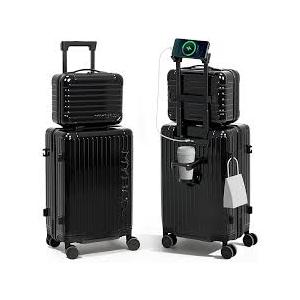 MYBOX 2 Piece Luggage Set with 20" Carry On & 12" Travel Case, PC Hard Shell Suitcase with Spinner Wheels, USB Port, Cup Holder, Side Hook, Waterproof & Scratch-Resistant, Airline Approved, Black