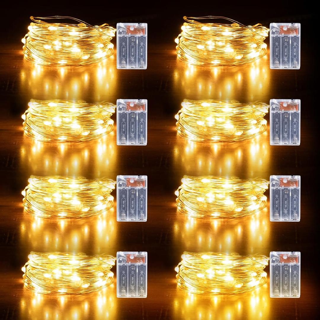 YPHSOL Fairy Lights Battery Operated String Lights 16.4ft 50LED Flashing and Constant Light Waterproof Silver Wire for Christmas DIY Party Wedding Decoration (Warm White, 8 Pack)