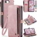 Defencase for iPhone 16E Case Wallet with RFID Blocking Card Holder Slots for Women Men, Elegant PU Leather Magnetic Snap Flip Wristlet Strap Zipper Wallet Phone Cases for iPhone 16e 2025, Pink (Airy Rose Pink)