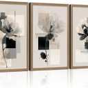 3Pcs Framed Black and White Flower Abstract Wall Art Modern Neutral Canvas Prints Posters Pictures Gallery Wall Decor Living Room Bedroom Office Apartment 12X16 Inch Ready to Hang