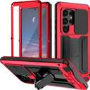 Compatible with Samsung Galaxy S25 Ultra Metal Case with Screen Protector Slide Camera Cover Kickstand Full-Body Rugged Durable Military Aluminium Heavy Duty Dustproof Drop Case for Man Red