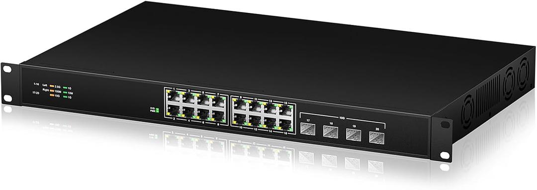 16 Port 2.5G Network Ethernet Switch, 16 x 2.5Gb RJ45 Ports, 4 x 10G SFP Slots, 240Gbps Switching Capacity, Desktop or Rack Mount/Metal Case/Fan Cooling/Plug and Play Unmanaged 16 Port 2.5G Network Ethernet Switch, 16 x 2.5Gb RJ45 Ports, 4 x 10G SFP Slots, 240Gbps Switching Capacity, Desktop or Rack Mount/Metal Case/Fan Cooling/Plug and Play Unmanaged