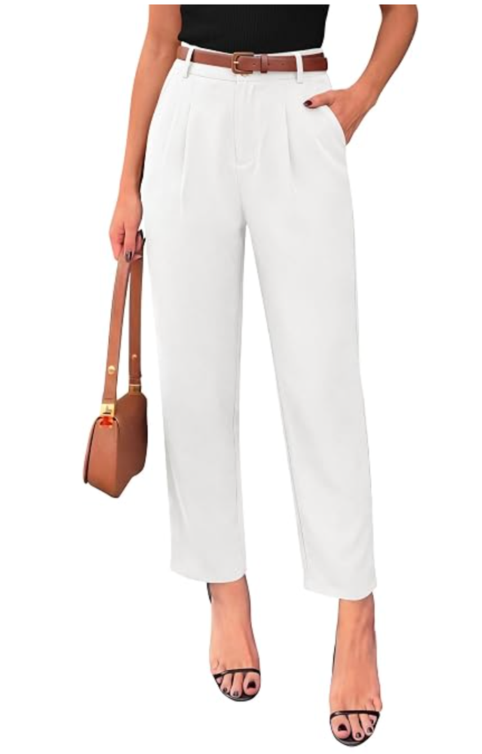 Bamans Dress Pants for Womens Work Business Pants Tummy Control Office Straight Leg Professional Trousers High Waisted Ladies Slacks White Long 32" Inseam US 4-6
