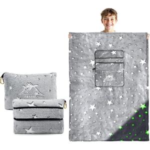2-in-1 Travel Blanket Pillow Airplane Set - Small Travel Blanket and Pillow Set Airplane Compact for Kids - Glow in The Dark Space Star Blanket Birthday Gifts for Kids Boys Girls 40x60 Inches