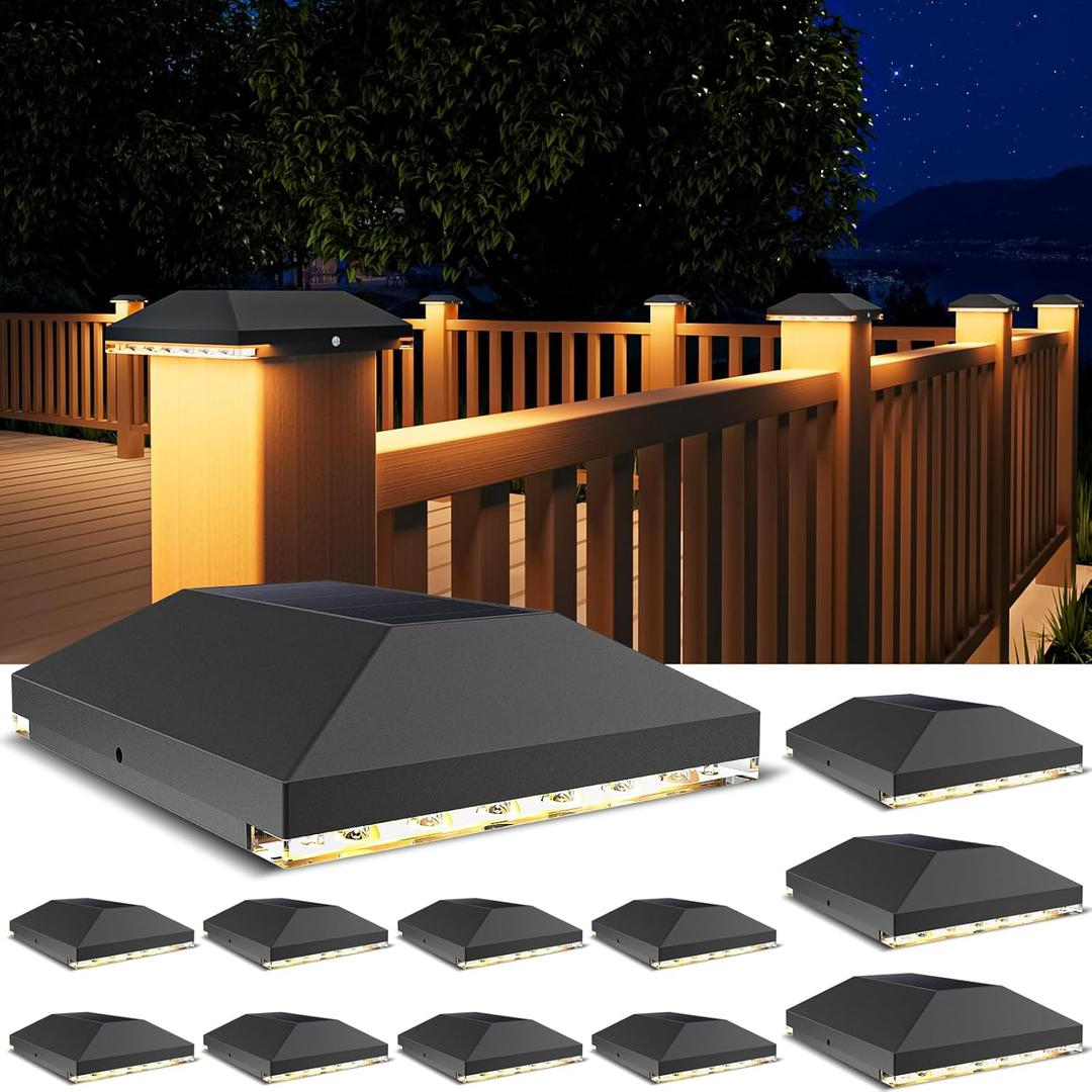 VOLISUN 4x4 Solar Post Cap Light Outdoor Waterproof 12pack,Solar Fence - Post Lights for 4x4 Wooden/Vinyl Post,Black Deck Cap Light Solar Powered for Garden/Patio/Porch
