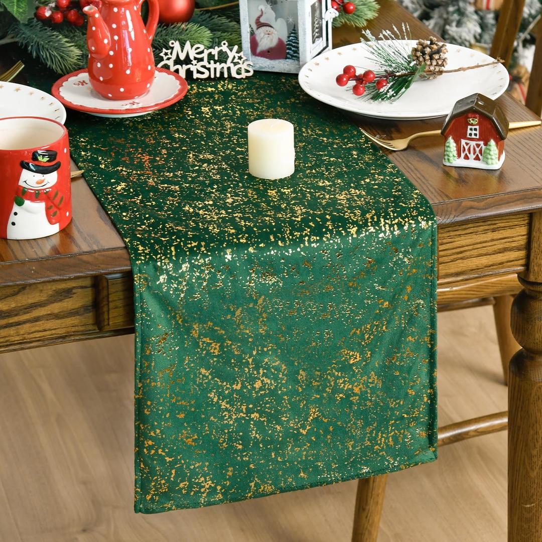 Artoid Mode Dark Green Dutch Fleece Table Runner, Glitter Metallic Foil Holiday Kitchen Dining Table Decoration for Home Party Decor
