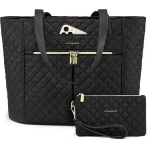 LOVEVOOK Laptop Bag for Women 15.6 inch, Diamond Quilted Work Tote Bags Women's Laptop Tote Computer Shoulder Bags, Stylish Travel Tote Bags Laptop Purse Case Briefcase Handbag with Clutch Bag, Black