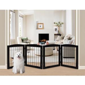 LZRS 4-Panel Extra-Wide Wooden Freestanding Dog Gate: Foldable Solid Wood and Steel Wire Chew Resistant Safety Barrier for Doorways, Stairs, and Large Open Spaces Indoor Use, Black