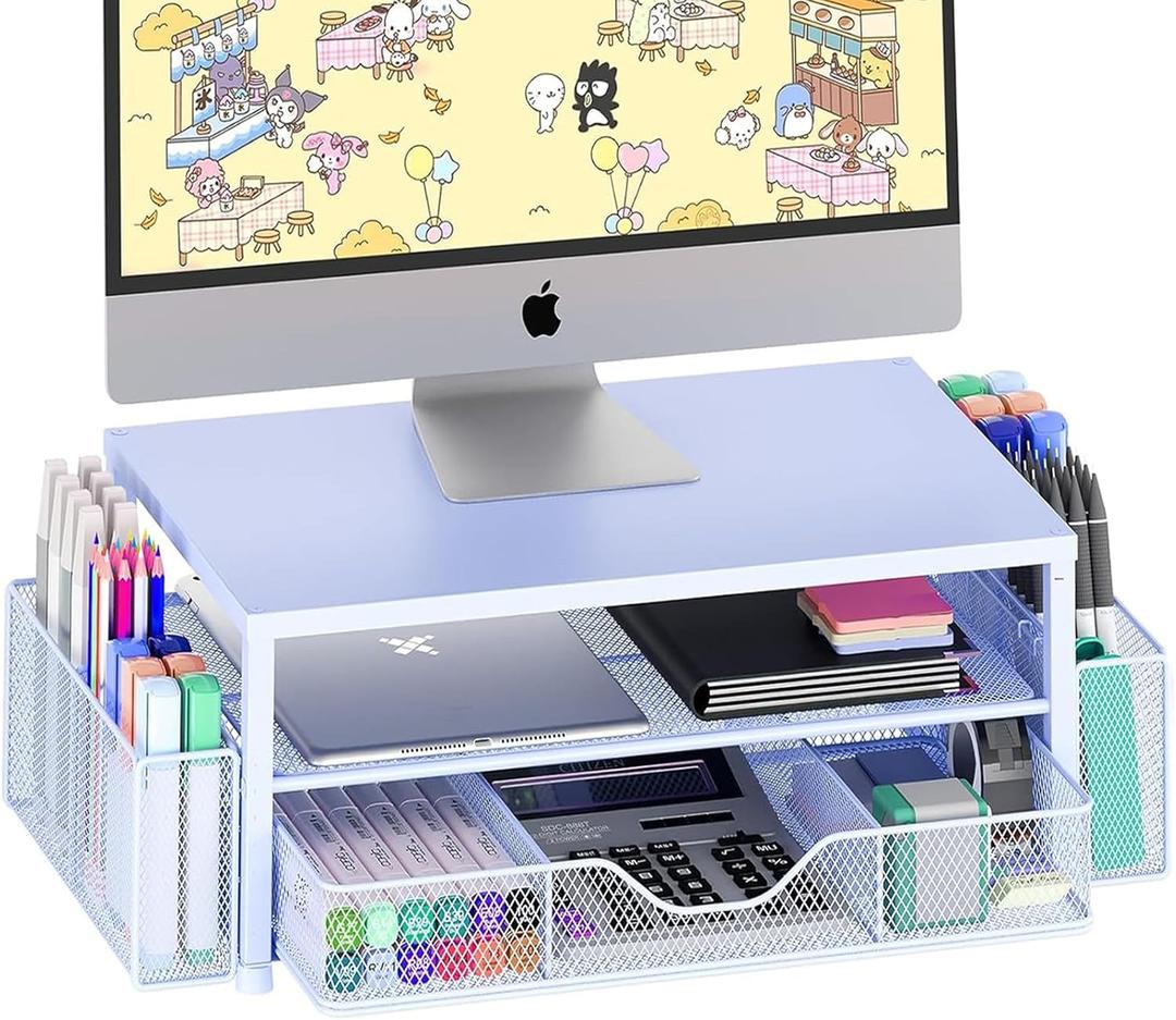 Desk Organizers and Accessories, 2-Tier Computer Monitor Stand Riser with Drawer and 2 Pen Holders, Laptop Stand, Office Desk Accessories for Office Supplies, Blue