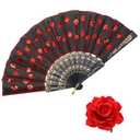 Penta Angel Rose Flower Hair Clip and Embroidered Sequins Fabric Peacock Handheld Folding Fan for Women Girls Flamenco Dancer Halloween Party Costume (Red)