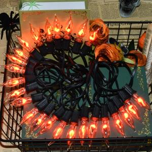 27.8Ft Halloween Decorations Flickering Flame String Lights with 29 Pack Clear Glass Flame Light Bulbs (4 Spare), E12 Base, Great for Christmas Halloween Indoor Outdoor Home Party Decor, Black Wire