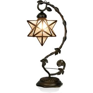 Star Glass Table Lamp, Vintage Style Table Lamp, 8x10x20 Inch – Bronze Metal Leaf Base Tiffany Lamp for Bedroom, Living Room, Study