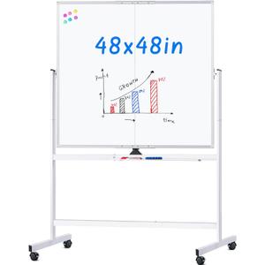 maxtek Rolling Whiteboard, 48x48 Large Magnetic White Board with Stands, Big Double-Sided White Board Dry Erase on Wheels for Homeschool, Home Office, Office, School (48 x 48, Silver)