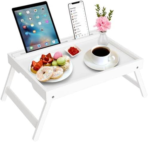 Artmeer Bed Tray Table with Folding Legs, Bamboo Breakfast Food Tray with Media Slot, Use As Platter, Laptop Desk, Snack, TV Tray Kitchen Serving Tray (White Large)