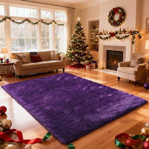 Shag Area Rugs for Bedroom Living Room,5X8 Ultra Soft Purple Fluffy Area Rugs for Dorm, Indoor Carpet Nursery Rugs for Kids Girls Room Home Decor, Purple