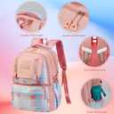 Girls Backpack with Lunch Box, Cute School Backpack for Kids Teen Elementary, Large Capacity Kids Bookbag 3 Pcs Set (Pink Grid)