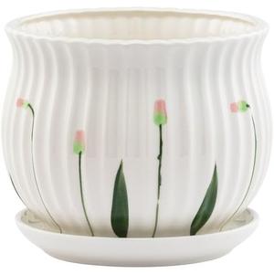 Napco Vintage Cottage Ceramic Planter with Drainage & Saucer White Ribbed Flower Pot with Pink Bud Floral Design, Large 7.5 x 7.75 Inch for House Plants, Succulents & Herbs
