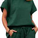 Tankaneo Womens Loungewear Set Short Sleeve Tops and Shorts 2 Piece Outfits Matching Lounge Pajama Set with Pockets (Medium, Dark Green)