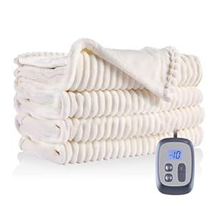 Electric Heated Blanket 72 x84 Inches Full Size with 12 Hours Auto-Off and 10 Heating Levels Heating Blanket with Soft Striple Fabric for Bedding - White