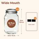 ComSaf Wide Mouth Mason Jars 32 oz with Lids 2 Pcs, Quart Mason Jars with Seal Band, Large Glass Jars, Large Canning Containers for Pickles, Jams, Sauces, Salsa, Sourdough, Salad, Suntea, Food Storage
