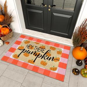 Fall Outdoor Rug Set, Hello Pumpkin Door Mat 28 x 43 in, 2 Pcs Welcome Mat Set, Orange and White Plaid Rug, Fall Front Porch Entryway Doormat Indoor Outdoor Decor, Thanksgiving Buffalo Plaid Mats (Hey There Pumpkin)