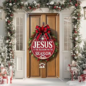 Merry Christmas Door Cover 35x71 Inch Front Porch Door Banners Decoration Winter Jesus Reason Season Banner for Sign Background Party Indoor Decor
