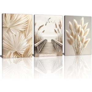3 Pcs Beige Reeds Botanical Framed Canvas Wall Art Neutral Palm Fronds Wall Paintings Quiet Beach Landscapes Art Prints Picture Home Decor for Bedroom Living Room Office Reay to Hang 16"x24"