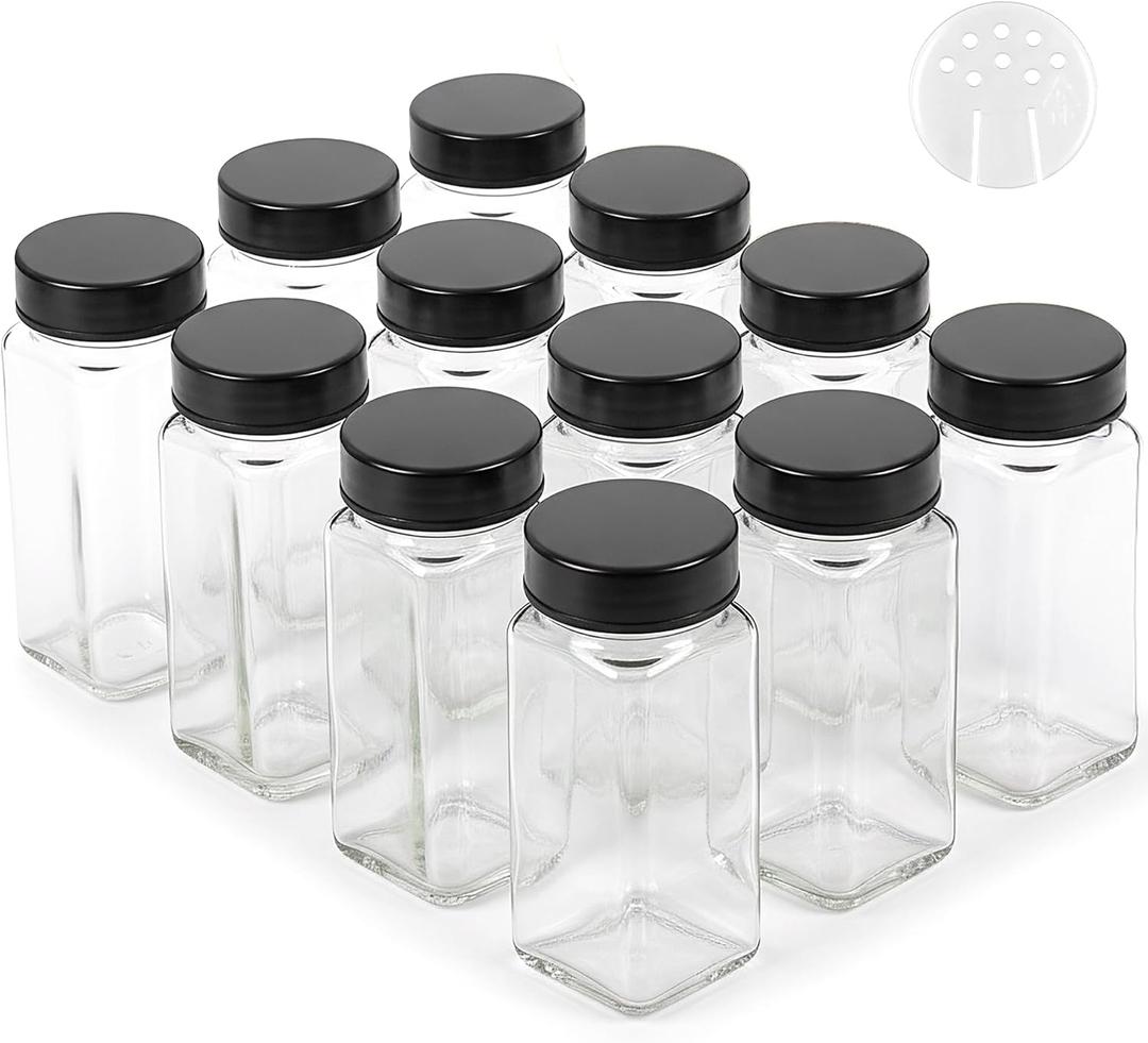 Glass Spice Jars and Black Stainless Steel Lids (12 x 4oz) Spice Containers with Shaker Inserts - Add-On Pack Without Labels or Accessories