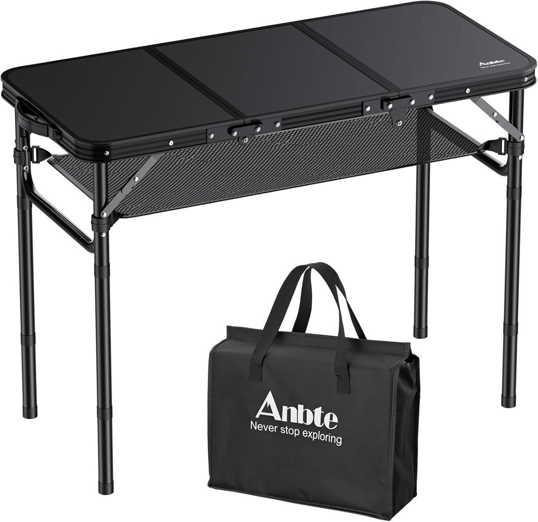 Anbte Folding Camping Table with Storage Net, 3ft Camping Table Aluminum Folding Table with 3 Adjustable Height Max 27.5 Inch Picnic Table Portable Table for Outdoor Backyard BBQ, Pure Black