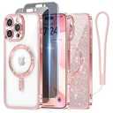Meifigno for iPhone 16 Pro Max Case with 2X Privacy Screen Protectors, [Glitter Card & Wrist Strap][Compatible with MagSafe] Surround Lens Protection Designed for 16 ProMax Case 6.9", Rose Gold