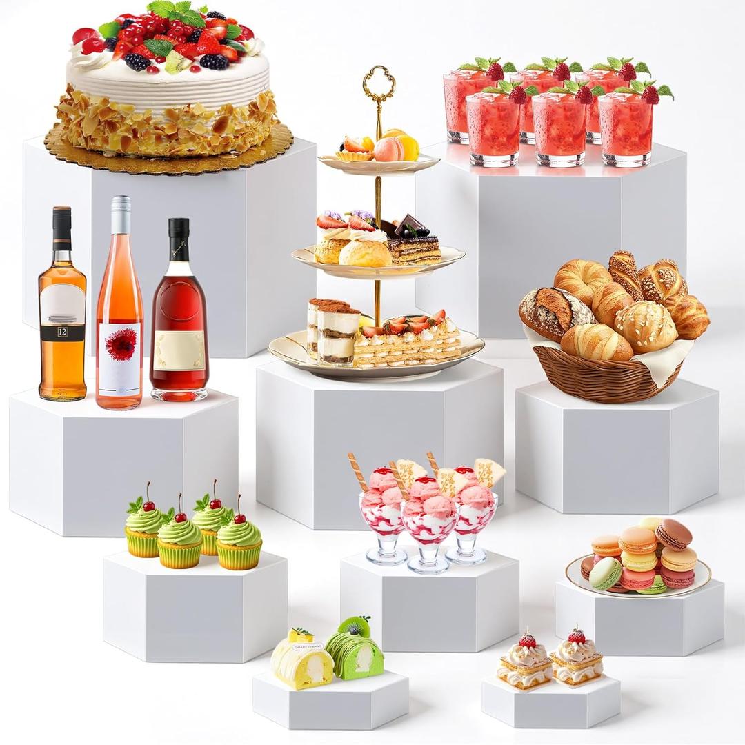 Leinuosen 10 Pcs Large Buffet Risers, Hexagonal Catering Dessert Table Risers Food Decorative Stands 4 to 12 Inch with Hollow Bottom for Catering Supplies, Party(White)