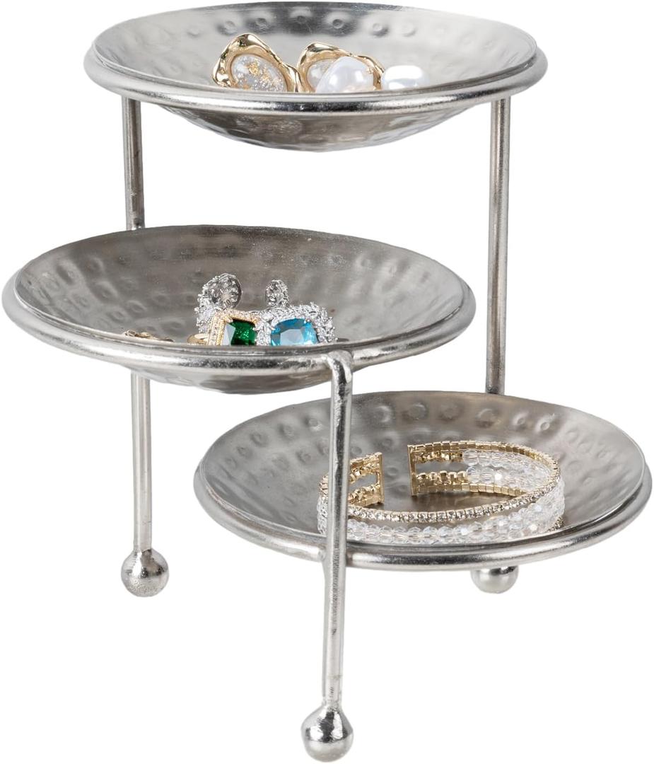 MyGift 3 Tier Jewelry Dish Organizer, 4 Inch Hammered Silver Metal Dishes and Stand, Decorative Ring Tray Jewelry Holder Display Tower for Earrings Necklace Bracelet - Handcrafted in India