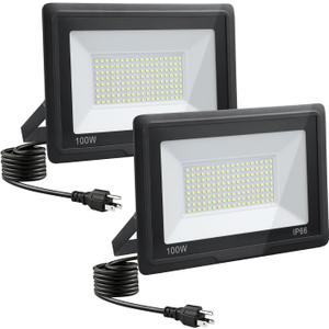 100W LED Flood Lights Outdoor, 2pack 10000lm Bright Led Work Light with Plug, 6500k Daylight White Outdoor LED Lights, IP66 Waterproof Patio Lighting