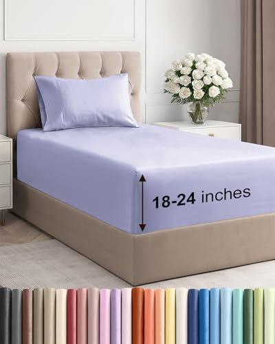 Extra Deep Twin Sheet Set - 3 Piece Breathable & Cooling Bed Sheets - Easily Fits 18 to 24 inch Mattress - Ultra Soft, Wrinkle & Fade Free w/ Extra Deep Pockets - Comfy Hotel Luxury Bedding - Lavender