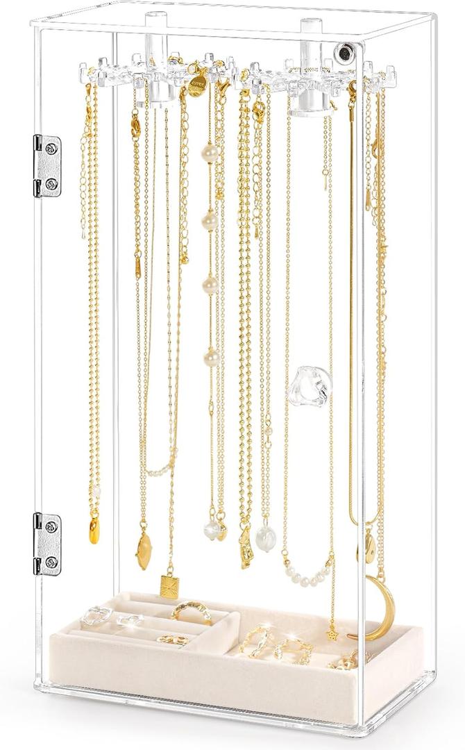 Necklace Holder, Acrylic Jewelry Organizer with 24 Hooks, Rotation Clear Necklaces Pendant Display Case Stand, Dustproof Velvet Tray Hanging Rack Storage for Earrings Rings