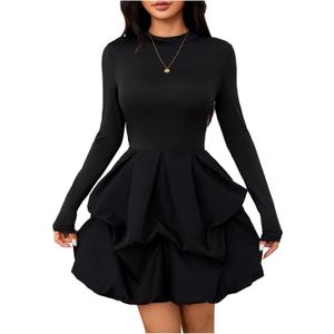 MakeMeChic Women's Long Sleeve Mini Dress Ruffle Hem Mock Neck A Line Fall Wedding Guest Short Dresses Black Large