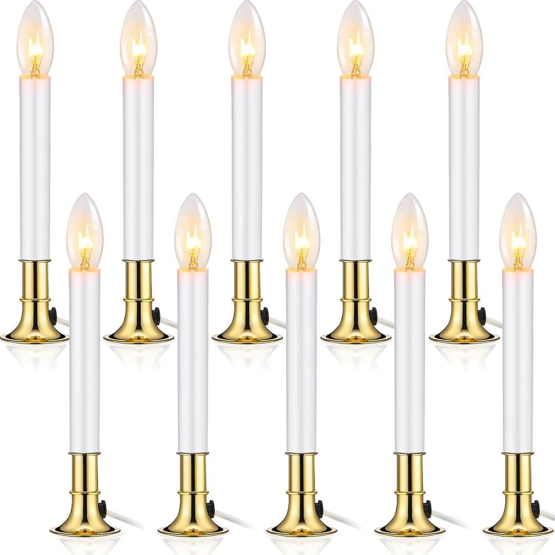 Coume 10 Pcs Electric Sensor Window Candles Lights with Brass Plated Base and Suction Cups Sensor Turns Candle Off at Light on in Dark Stick Plug for Windows, White, Gold