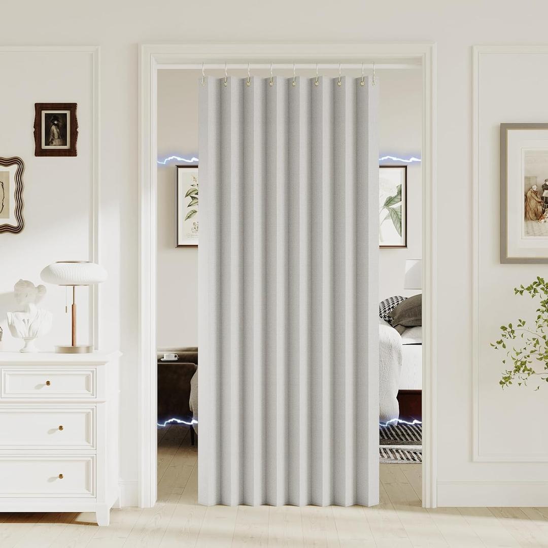 Blackout Door Curtain Accordion Door Interior Closet Door Curtain Magnetic Doorway Curtain Pleated Folding Door Room Divider Applicable Bedroom Living Room Doorway, 1 Panel, W44 x L78, Off White