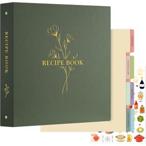 Lanpn Recipe Binder - 8.5x11, Waterproof, 60 Sleeves, 8 Dividers, 116 Family Recipes, Labels & Stickers, Green