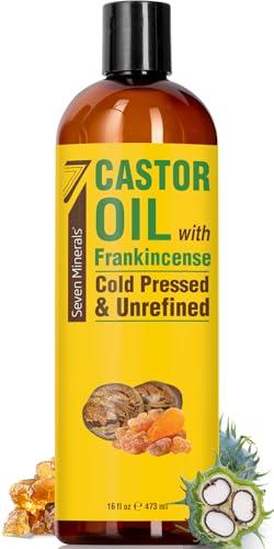 Seven Minerals Cold Pressed Castor Oil with Frankincense - 16 fl oz Bottle - Unrefined & Hexane Free - Hair Growth, Thicker Eyelashes & Eyebrows, Dry Skin Care, Joint and Muscle Relief (Pack of 1)