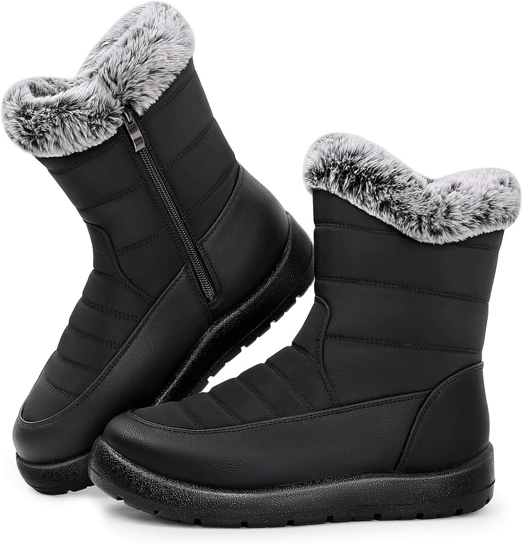 Winter Snow Boots for Women: Mid-Calf Booties with Fur Lined Zipper Comfortable Waterproof Warm Outdoor Shoes (8.5, Black)