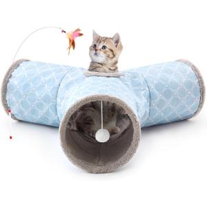 Tempcore Cat Tunnels for Indoor Cats Fleece-Lined in for Warmth, Pet Tube Toys 3 Way Collapsible, Pet Play Tunnel with Peek Hole Toy Ball for Kitty, Kitten, Rabbit, Geometry Blue
