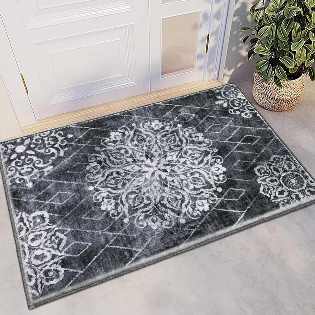HEBE Washable Area Rug - 2'x3' Non Slip Soft Distressed Medallion Bedroom Boho Living Room Accent Throw Vintage Entry Floor Carpet for Dining Room Bathroom Entryway (Black/Grey) HEBE Washable Area Rug - 2'x3' Non Slip Soft Distressed Medallion Bedroom Boho Living Room Accent Throw Vintage Entry Floor Carpet for Dining Room Bathroom Entryway (Black/Grey)