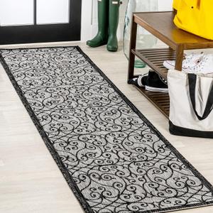 JONATHAN Y Vintage Filigree Indoor Outdoor Runner Rug 2X8 Light Gray/Black, Madrid Textured Weave for Backyard, Patio, Porch, Easy-Cleaning, High Traffic, Pet-Friendly, Non-Shedding (SMB107E-28)