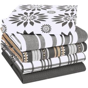 Assorted Kitchen Towels Large 16x26 inches 100% Cotton Set of 5 - Soft Absorbent Tea Towel for Kitchen - Quick Drying Dish Towels - Dish Cloths with Hanging Loop - Grey (Gray)