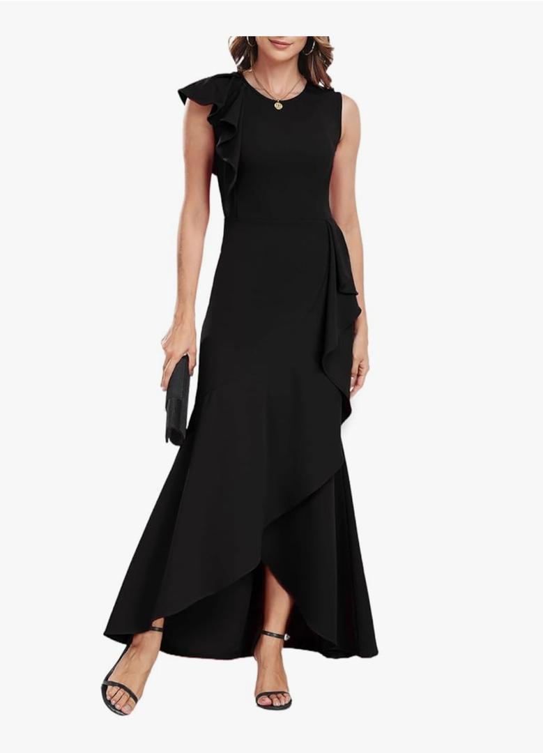 FQA Long Formal Dresses for Women Black Cocktail Evening Gowns Elegant Ruffled Sleeve M