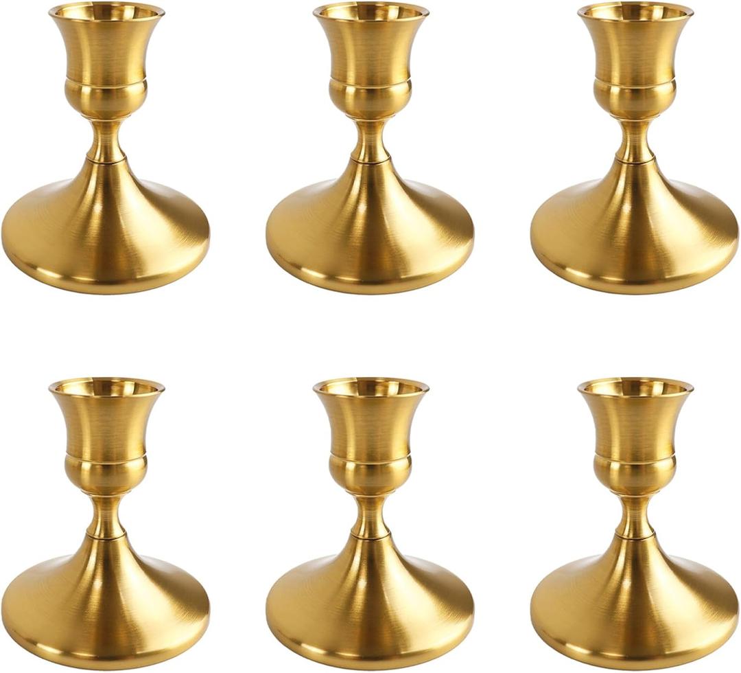 Vintage Brass Gold Taper Candle Holders Set of 6, Metal Candlestick Holders Elegant Handcrafted Décor for Weddings, Dining & Meditation, Table Centerpiece, Party, Christmas Decoration or Home Decor