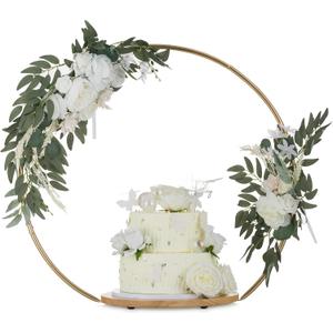 NUPTIO Wedding Cake Stand Pedestal: 14.2 Inch Cupcake Display Wooden Floral Arch Stands with Gold Metal Hoop Table Centerpieces Decoration for Birthday Tea Party Banquet Christmas Anniversary