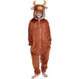 ABENCA Kids Onesie Animal Girls Costume One Piece Pajamas Sleepwear Cosplay Halloween Christmas (8-9 Years, Brown Highland Cow)